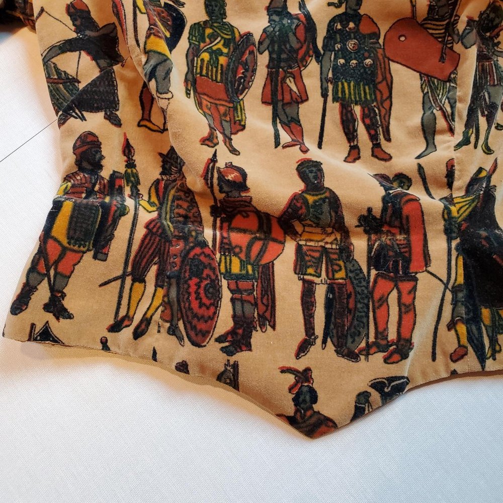 Vintage Velvet Boat Neck Medieval Knights Warriors Print Armor Cropped Shirt - Picture 5 of 15